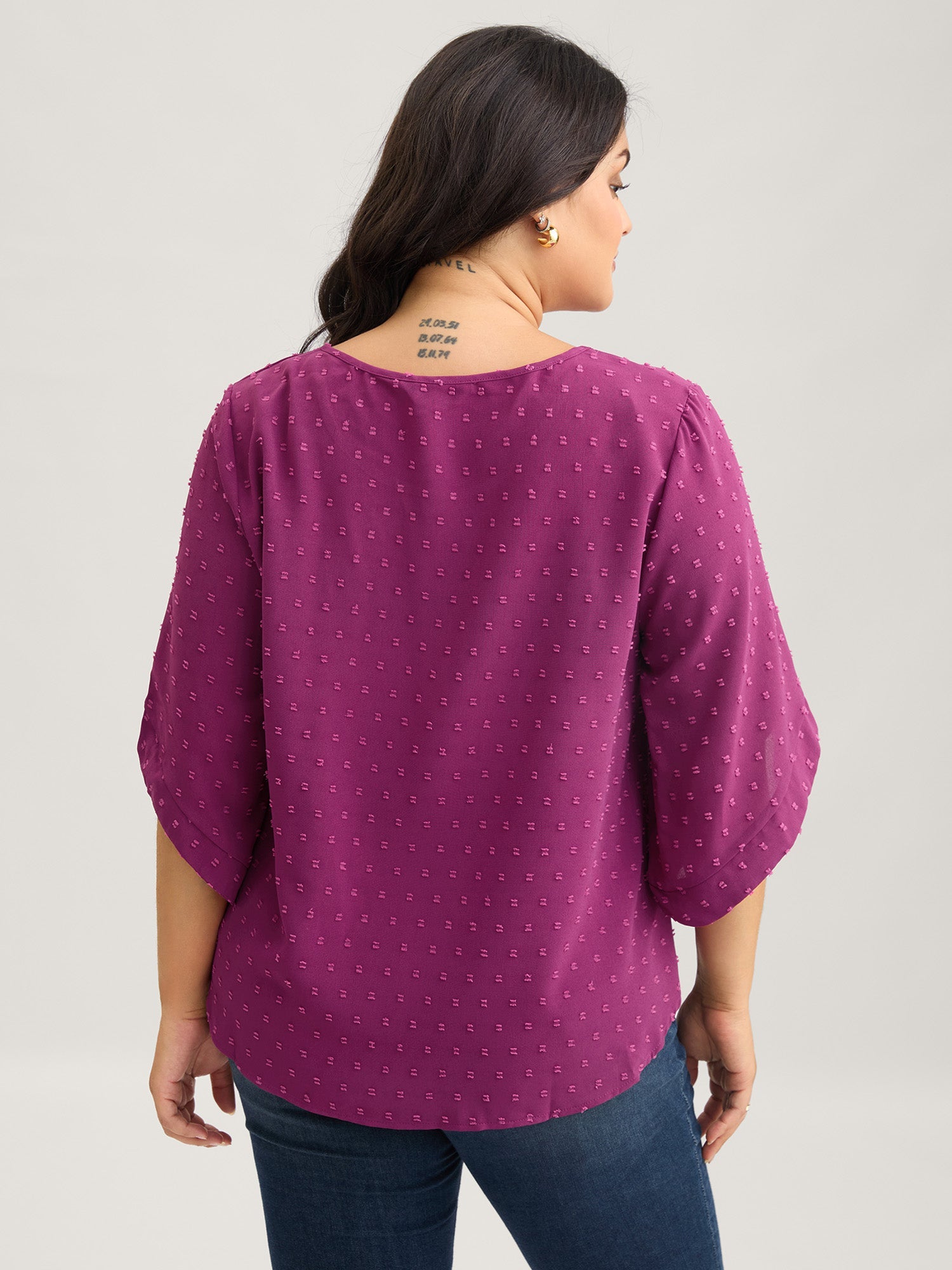 Textured Round Neck Bell Sleeve Blouse