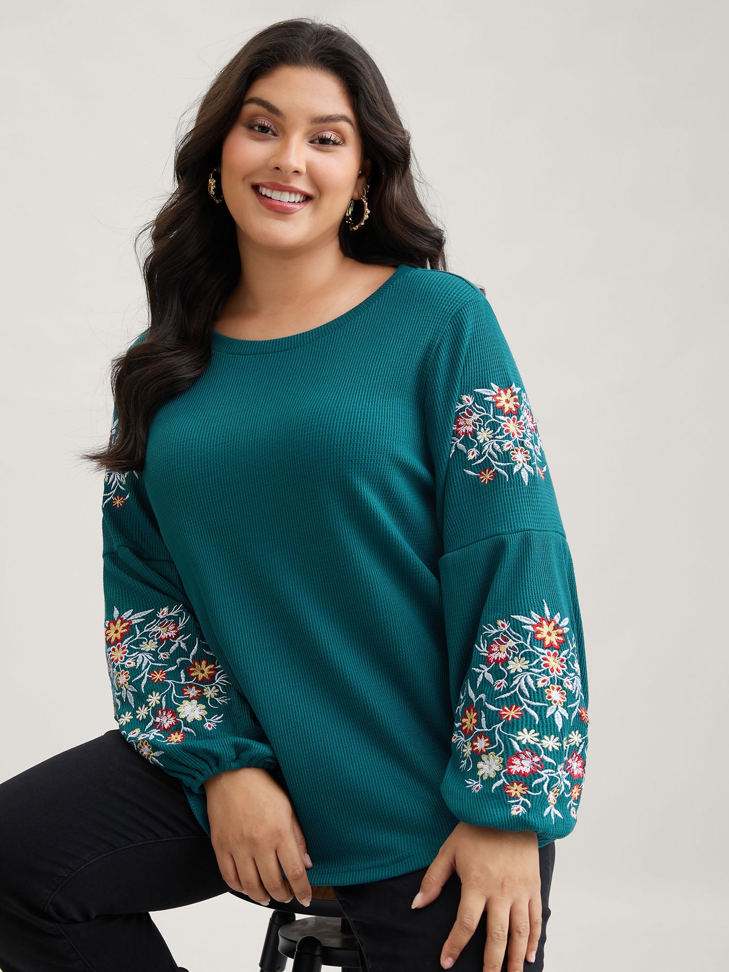 Waffle Knit Floral Embroidered Lantern Sleeve T-shirt
